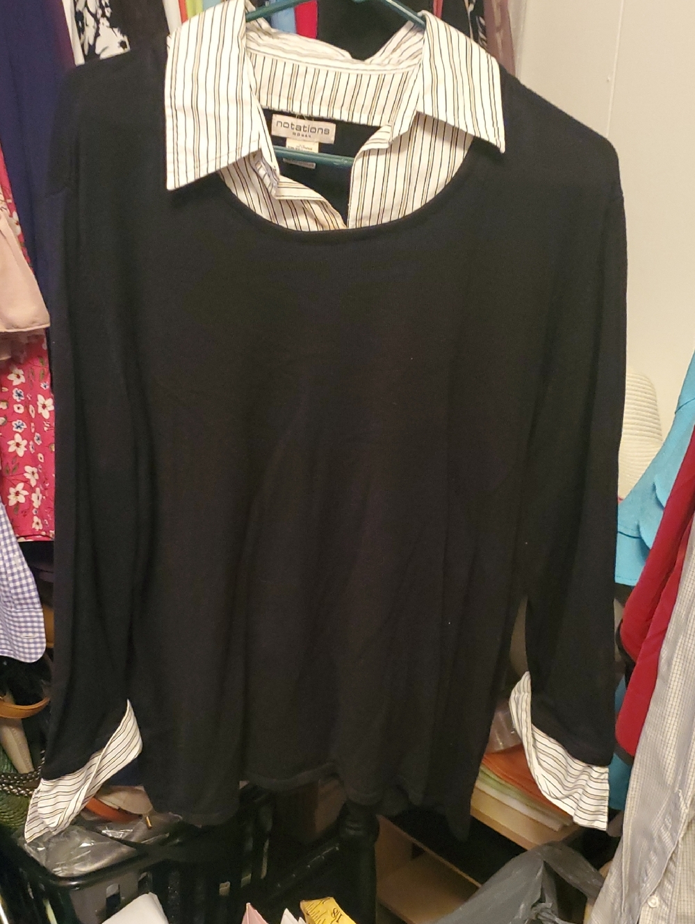 Notations Black Sweater with Faux Striped Shirt Detail